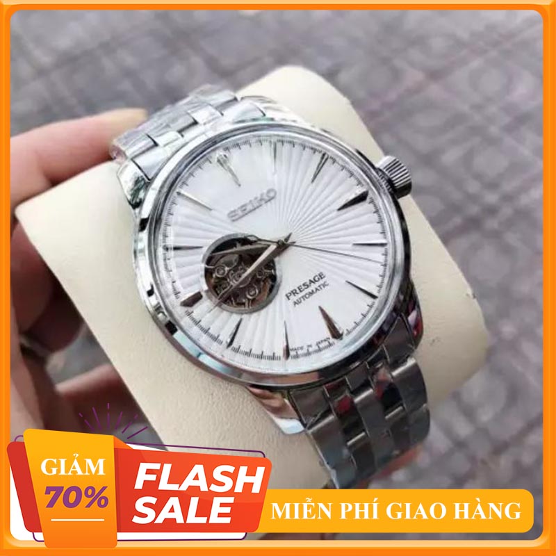{ĐỒNG HỒ PHỐ  MUA 1 TẶNG 1 } Đồng Hồ Seiko Presage Automatic Lộ Cơ Trắng + Thẻ Bảo Hành 18 Tháng
