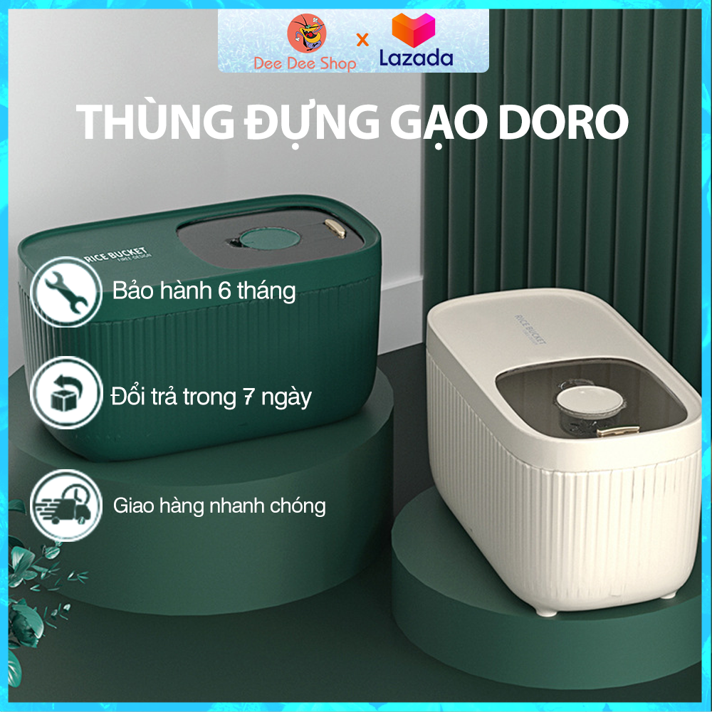 Thùng đựng gạo thông minh Doron - Thùng đựng gạo phong cách bắc Âu 10kg và 15kg 2 màu xanh và xám khói thiết kế hiện tại tiết kiệm không gian