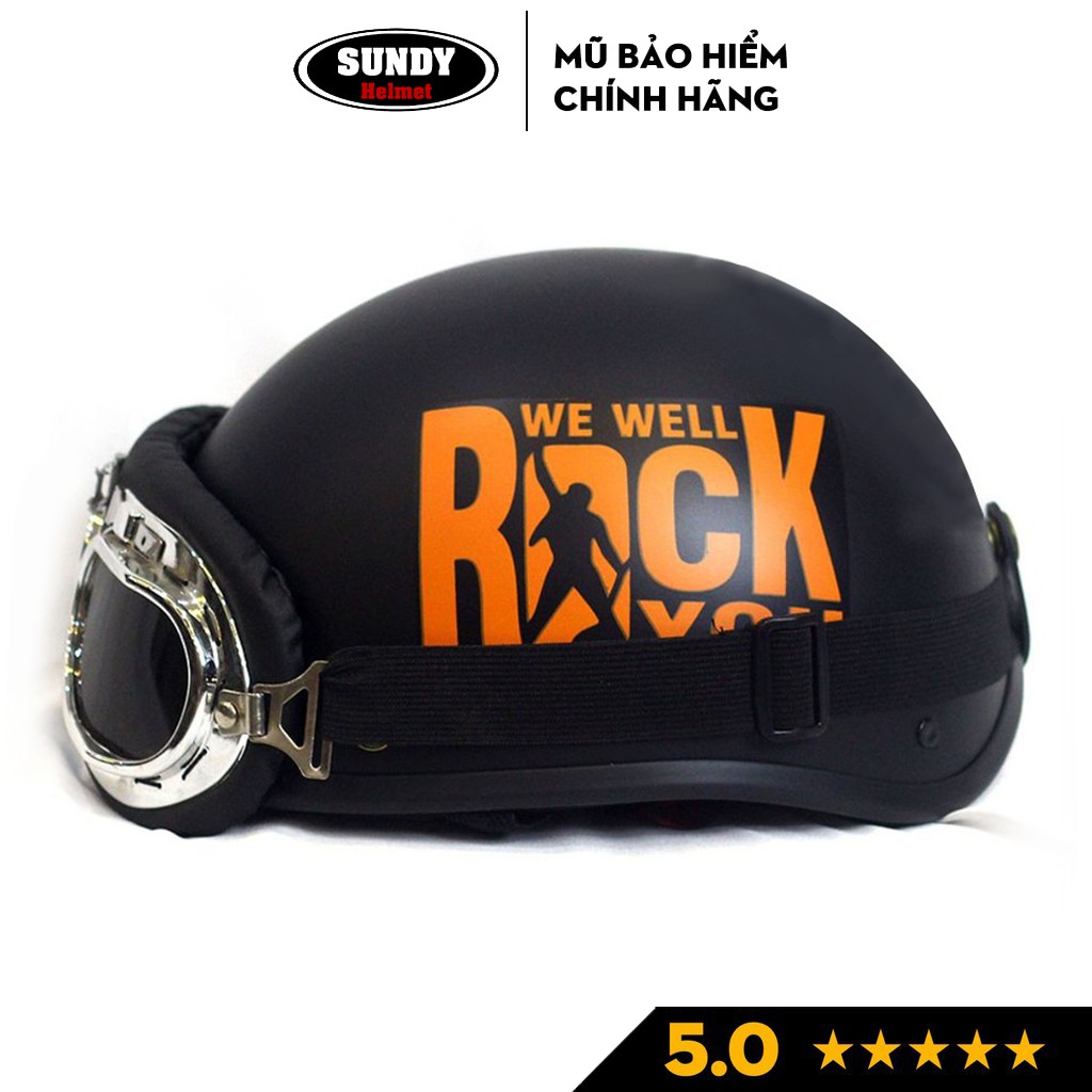 Nón bảo hiểm nửa đầu 1/2 thời trang PUMEN, Tem hình ROCK cá tính, mũ bảo hiểm siêu cute, freesize 55-61cm an toàn, kèm kính UV, Kính phi công