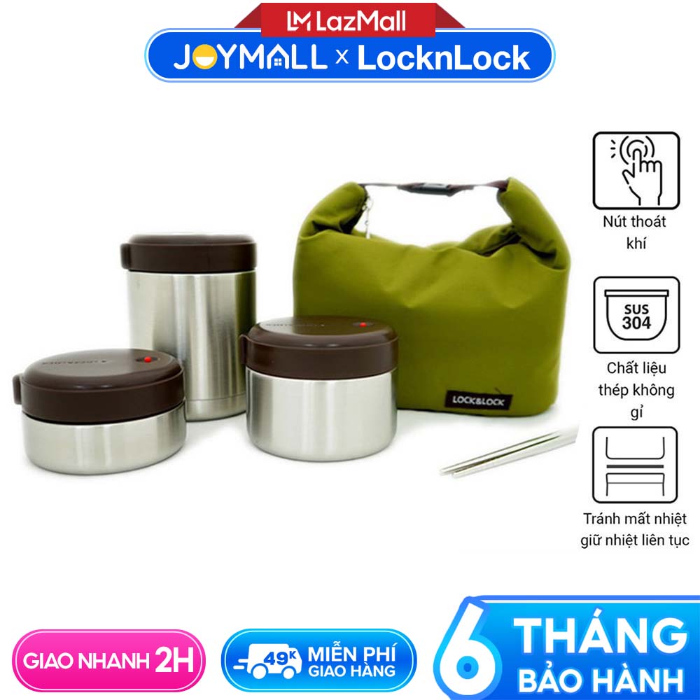 Bộ 3 hộp cơm giữ nhiệt Lock&Lock thép không gỉ LHC8025SLV - Hàng chính hãng, có nút thoát khí điều chỉnh và kèm 1 bộ đũa - JoyMall