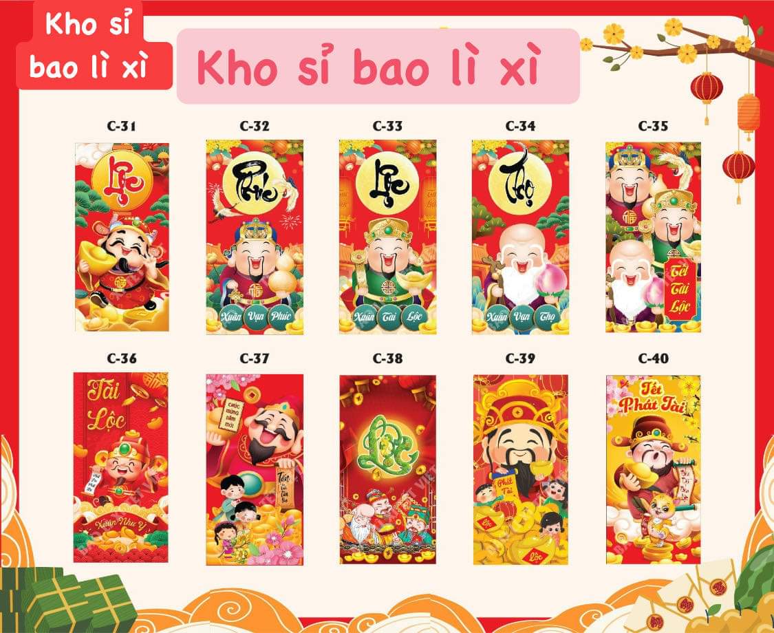 Combo 5 bao lì xì tết 2024, bao lì xì đẹp, mẫu mã đa dạng, giấy c150