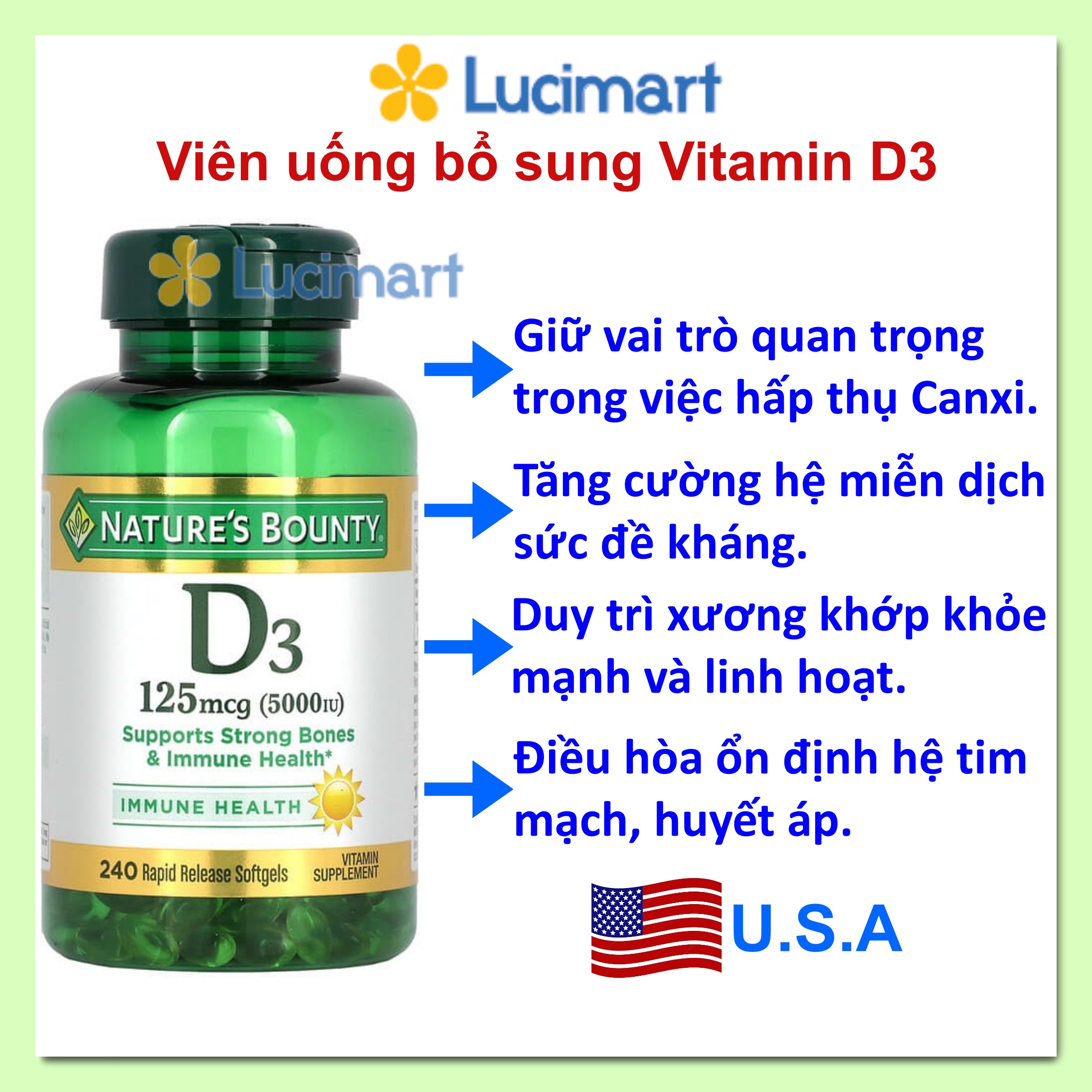 Viên uống Vitamin D3 5000 IU Nature s Bounty hũ 240 viên Hàng Mỹ