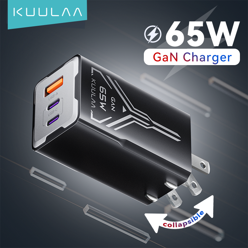 Cốc sạc nhanh Kuulaa 65W GaN Fast Charging Wall Charger, 3-Port Compact and Foldable chân gập tiện lợi Fast Charger for iPhone 16 15 14 13 Pro Max, Adapter Charger for MacBook Pro/Air, Galaxy S23/S22, Note20, Pixel, Apple Watch, and More