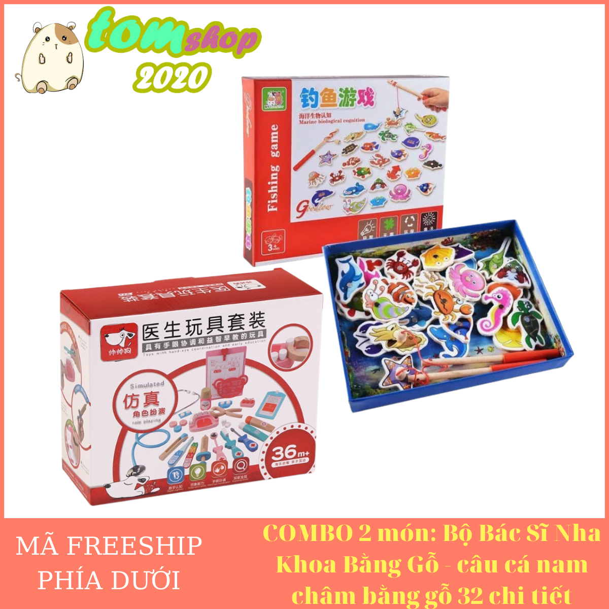 Combo 2 món: bộ bác sĩ nha khoa bằng gỗ - câu cá nam châm bằng gỗ 32 chi tiết
