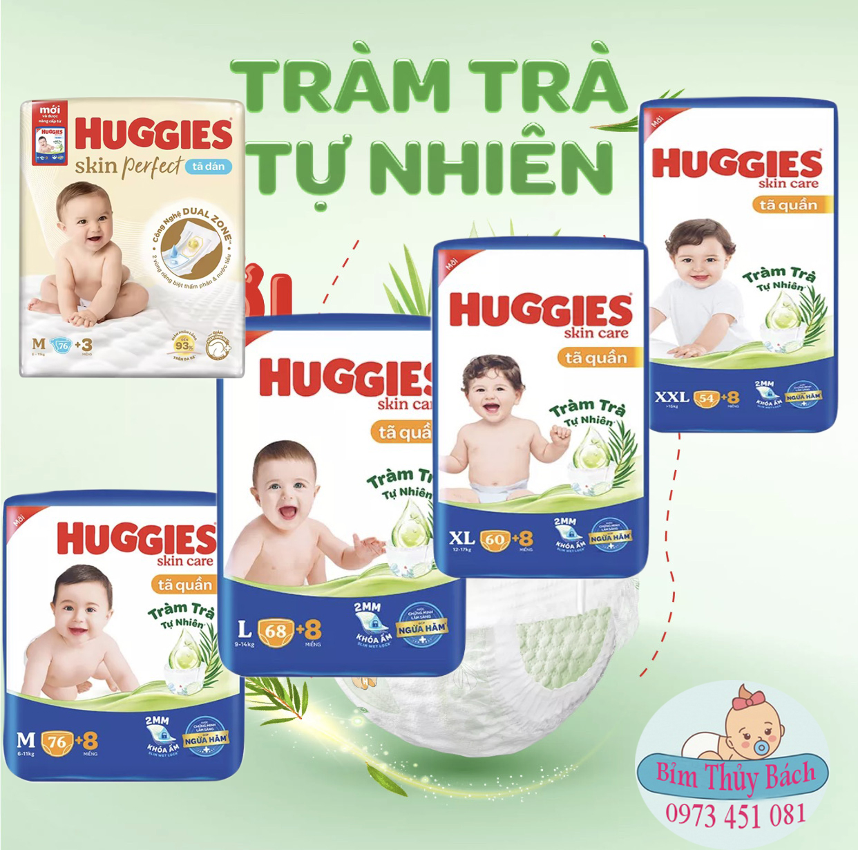 Tã quần/dán huggies tràm trà tự nhiên dry m76/l68/xl60/xxl54 + tặng 8 miếng