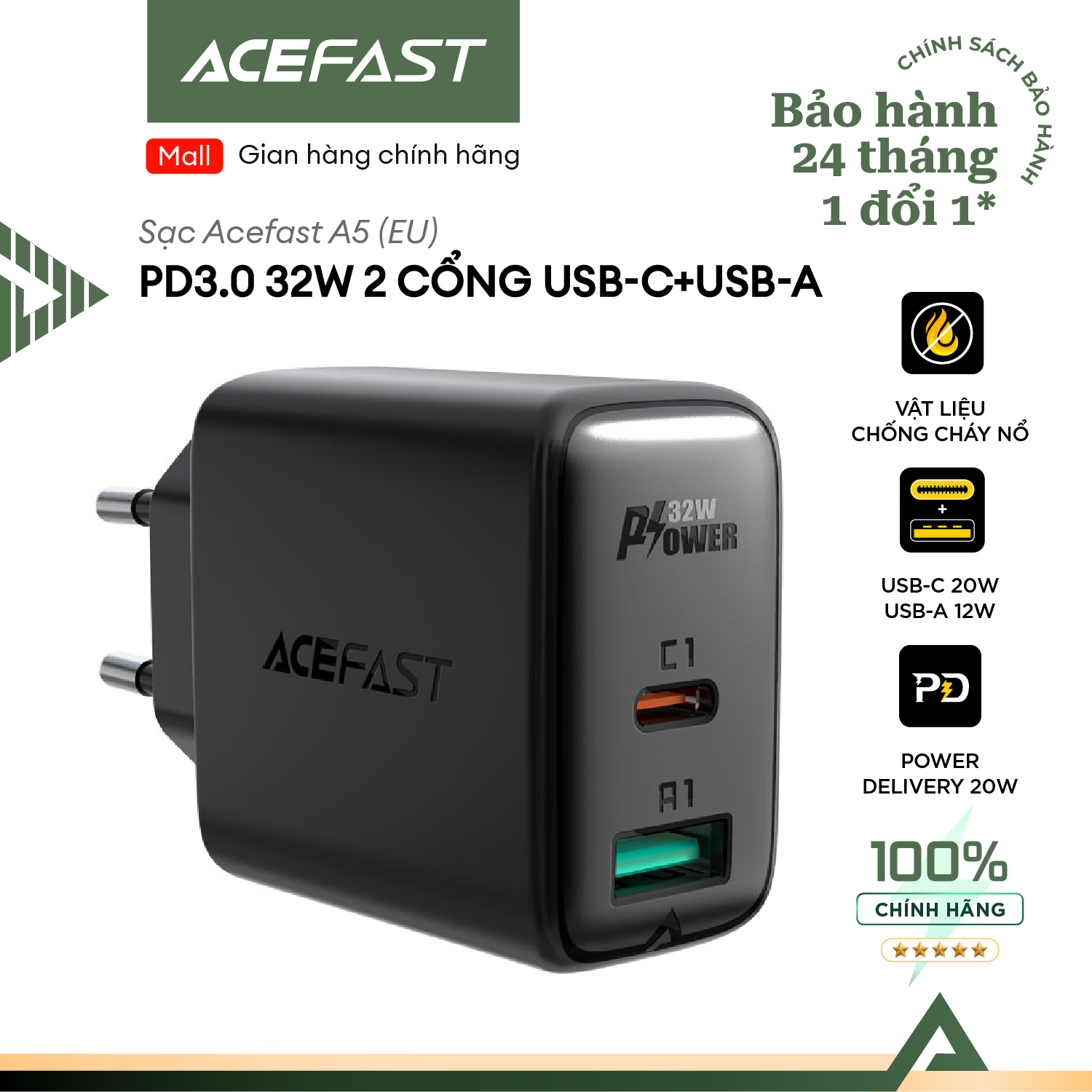 Sạc acefast a5 công suất 32w 2 cổng: usb-c 20w +usb-a 12w hỗ trợ sạc nhanh pd3.0 chân tròn eu - hàng chính hãng