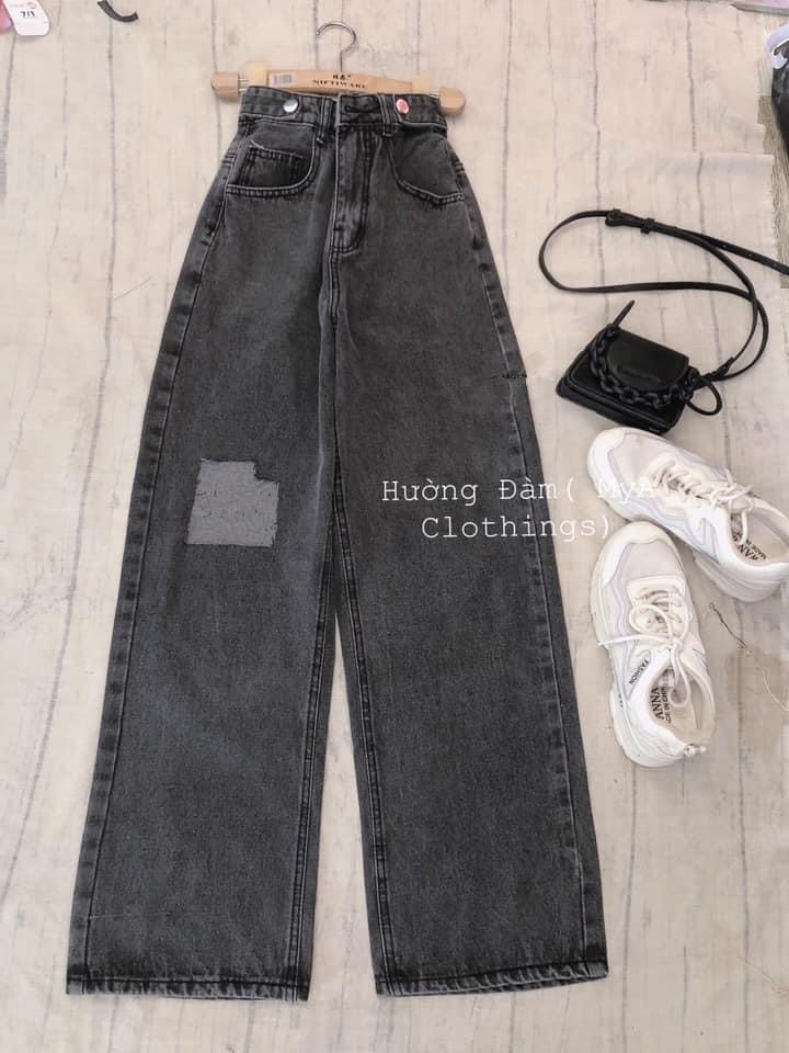 Baggy jeans đai nút ống suông rách ô