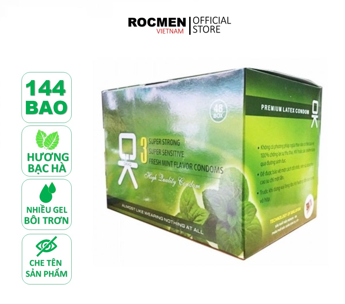 FREESHIP Bộ 1 hộp lớn bao cao su OKHQ bạc hà 144 bao - Mát lạnh sảng khoái