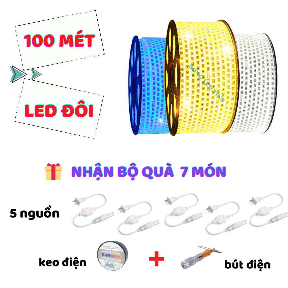 Dây led cuộn đôi 2835 dài 100m hắt trần, trang trí nhà cửa loại tốt trắng║vàng║xanh dương║đủ màu, dây led đôi, đèn led trang trí