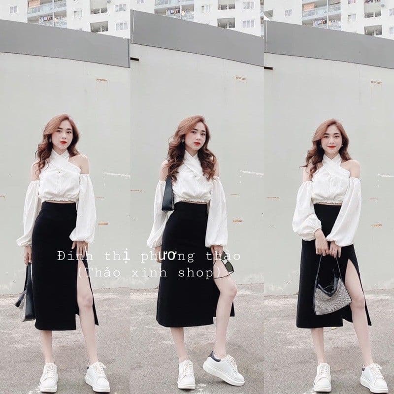 Set váy đen xẻ phối áo trắng cổ chéo cách điệu, set váy áo chéo