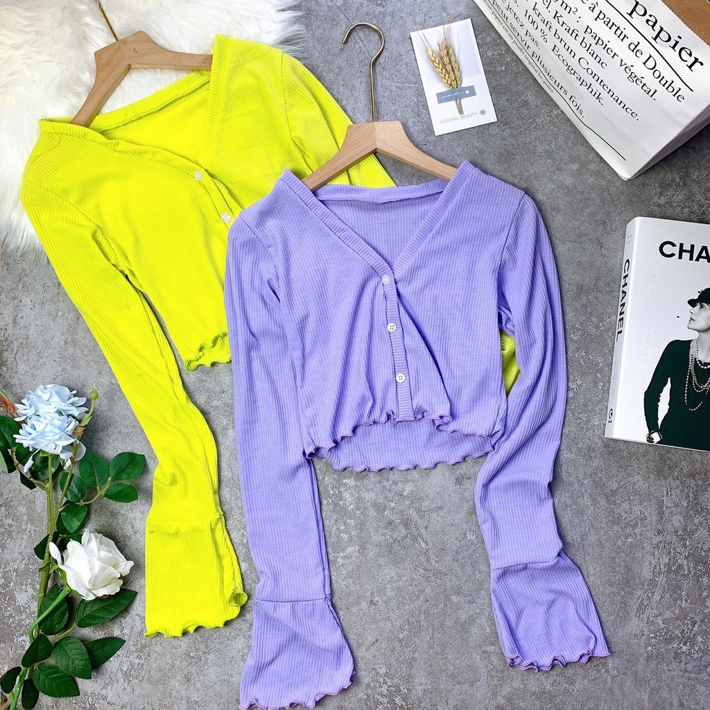 Áo Croptop Tay Dài Phối Nút, Áo Thun Gân Form Croptop Tay Loe Siêu Xinh