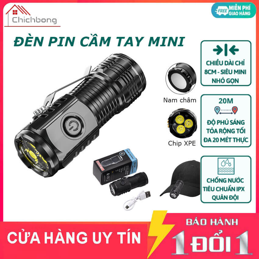 Đèn pin cầm tay mini siêu sáng 5 chế độ chiếu xa, pin trâu, chống nước IPX4, đèn pin mini có móc gài tiện dụng, đèn pin led cầm tay mini