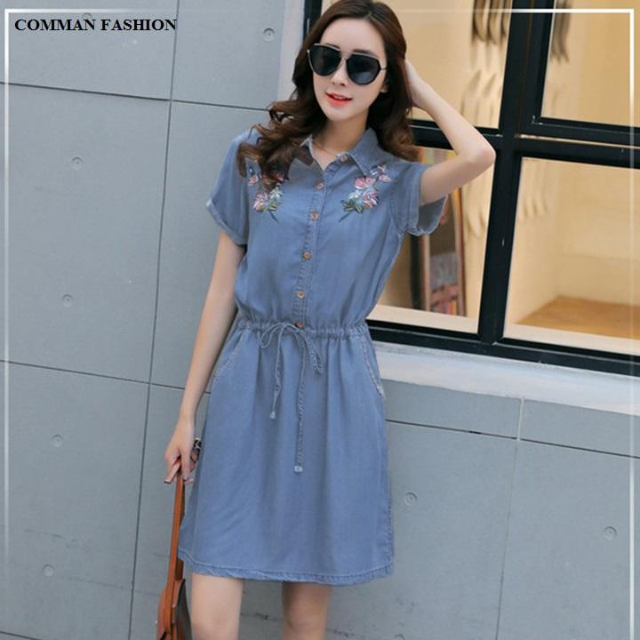 CAO CẤP Đầm Jean Nữ Dây Rút Eo Thêu Hoa 3726