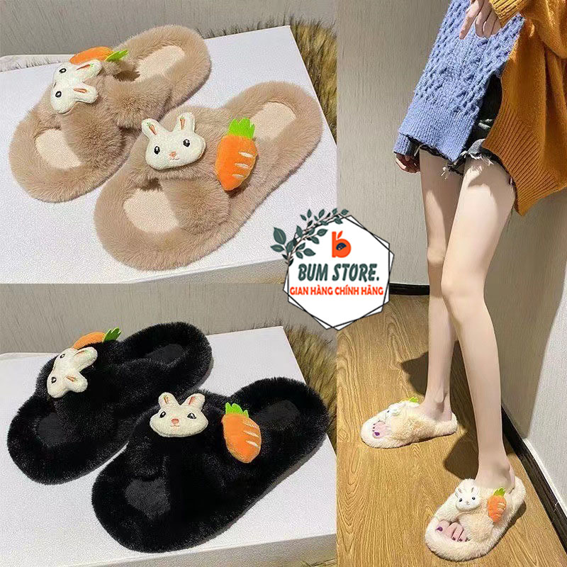 Dép Lông Đi Trong Nhà Kèm Sticker Thỏ Và Cà Rốt Dễ Thương, Dép Bông Lông Mịn Quai Chéo Ấm Áp Cho Mùa Đông Đế Cao Su