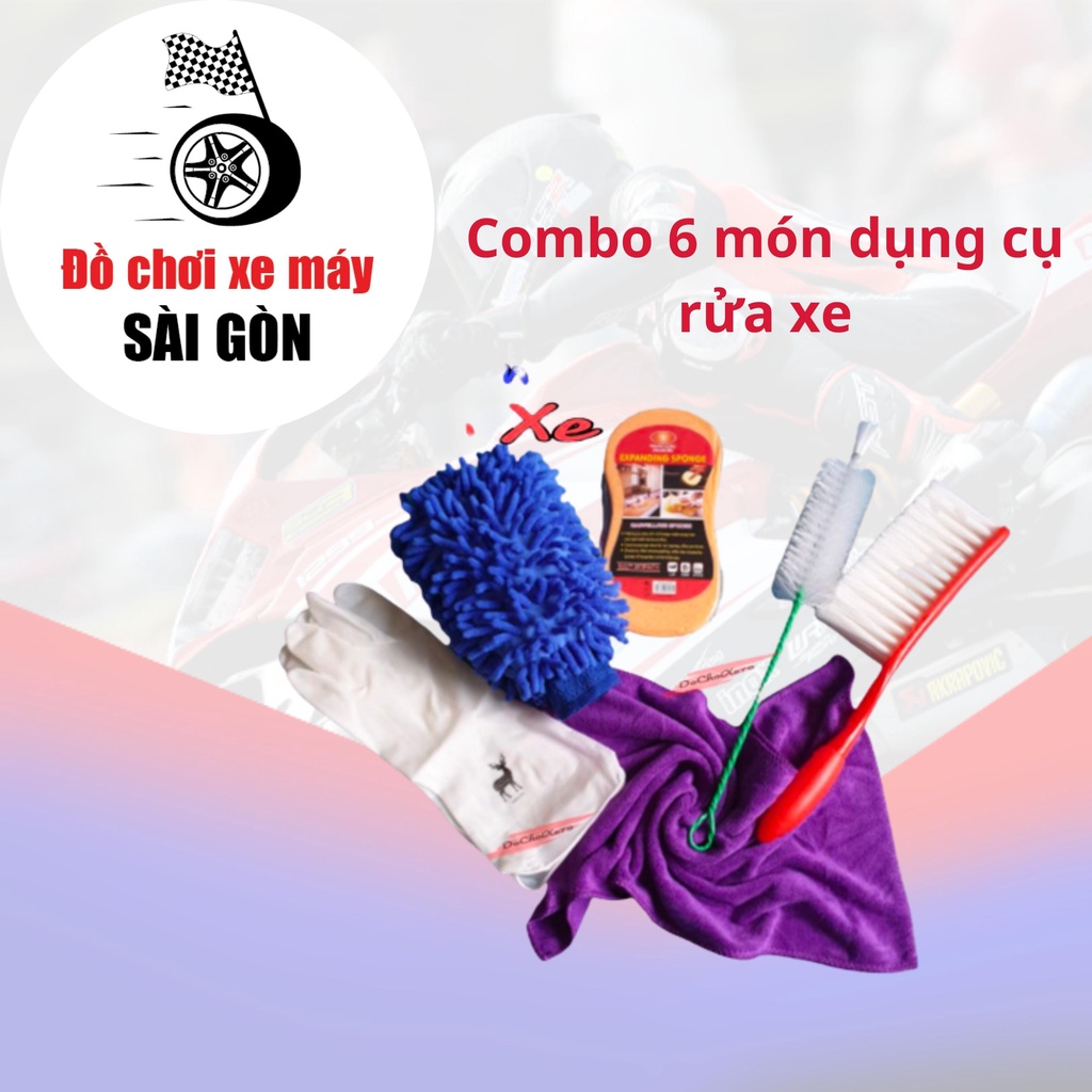 Combo bộ dụng cụ rửa xe máy ô tô khăn lau xe găng bao tay bàn chải cọ rửa