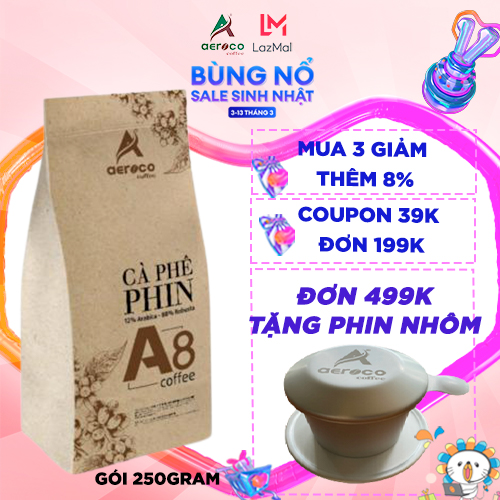 [CASHBACK20%] Gói 250g_Cà phê bột pha phin, rang xay xuất khẩu A8 AEROCO COFFEE, cafe nguyên chất vị ngọt thơm quyến rũ - Cà phê Việt đạt tiêu chuẩn cao về Quy trình sản xuất, chất lượng, an toàn vệ sinh thực phẩm.