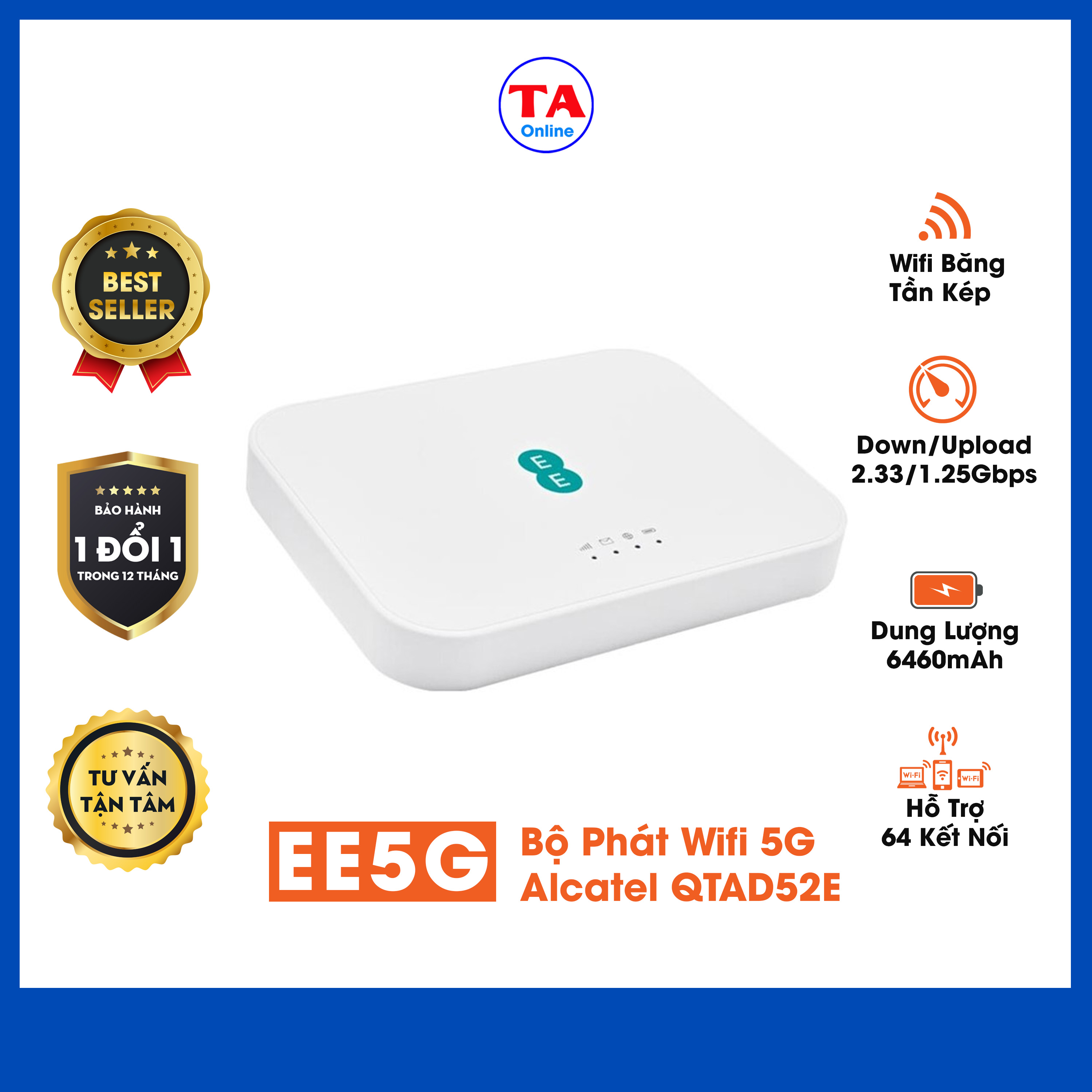 Bộ Phát Wifi 5G Alcatel EE5G QTAD52E Tốc độ 5G 2.33Gbps WiFi 6 AX1800 Pin 6460mAh Cổng LAN Gigabit