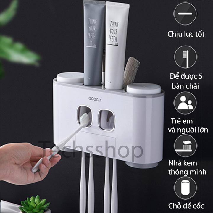 Kệ nhả kem đánh răng tự động Ecoco 4 cốc E1802 - Kệ nhà tắm đa năng dán tường - Bộ kệ treo bàn chải nhà vệ sinh kèm ly - Bộ dụng cụ nặn kem