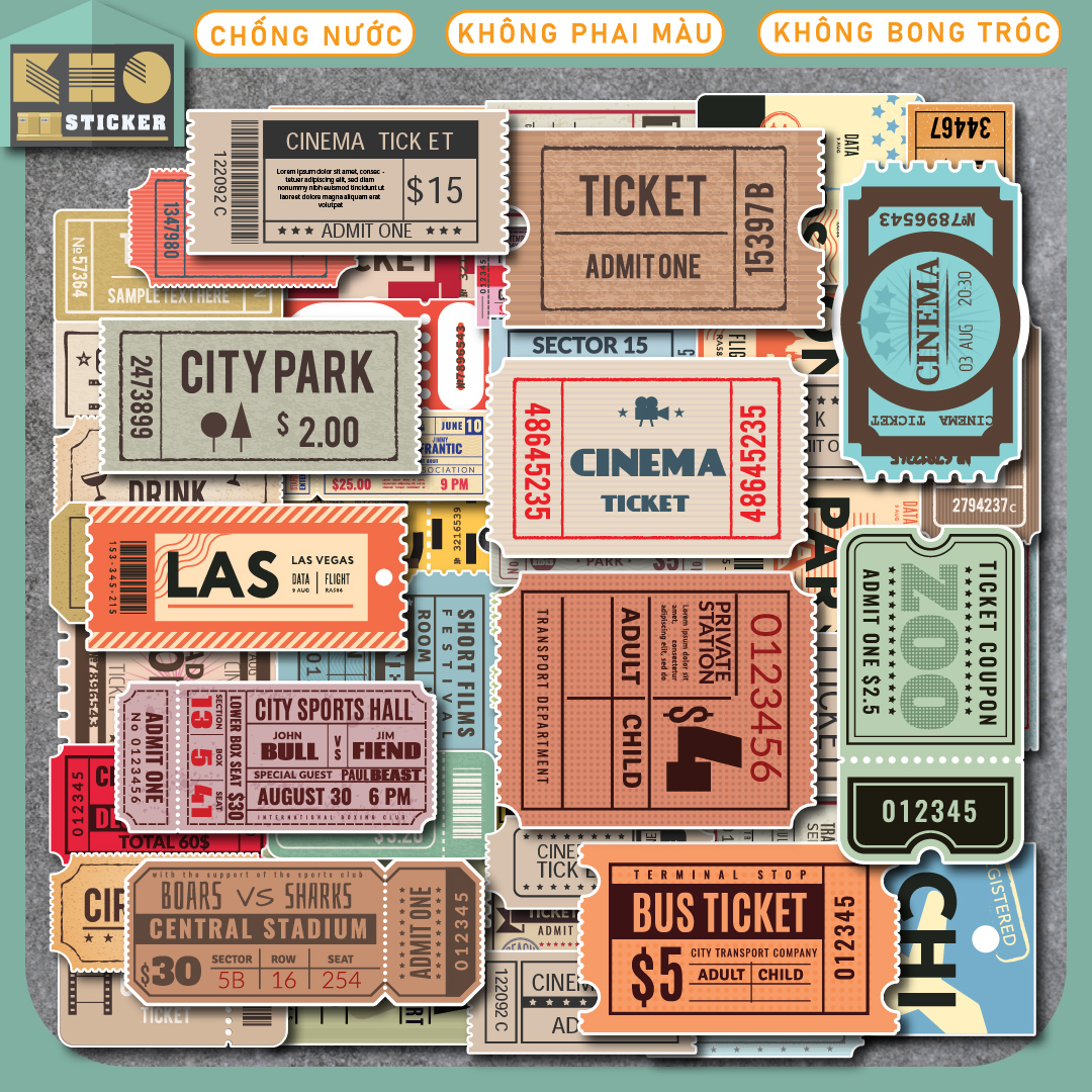 Sticker Vintage Ticket chống nước sticker dán laptop, điện thoại, đàn guitar, mũ bảo hiểm, vali. MSP: NS22