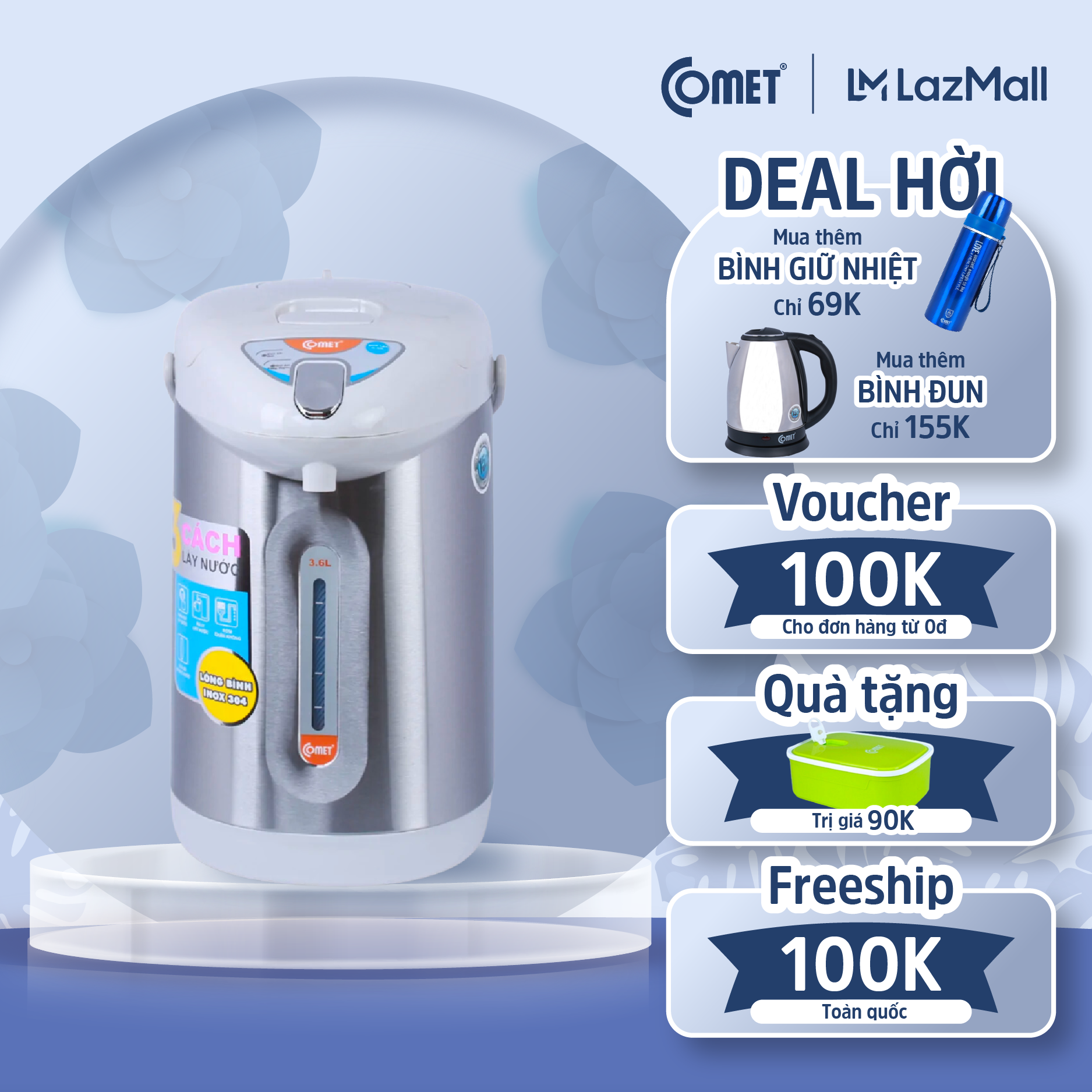 Bình thủy điện COMET - CM3216 -3.6L bằng Inox 304 cao cấp, đun sôi và giữ nước nóng tự động, hệ thống khóa an toàn, chống cạn nước - Hàng chính hãng - Bảo hành 12 tháng