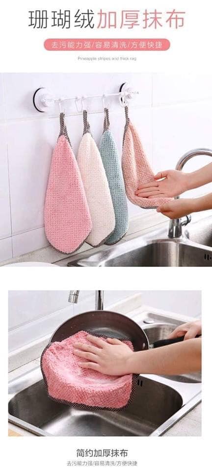 Bộ 5 khăn lau tay mềm mại nhà bếp hình vuông có móc treo (giao màu hàng ngẫu nhiên)