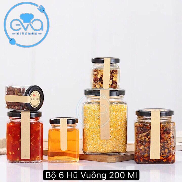 Bộ 6 hũ thủy tinh vuông nắp vặn dung tích 200 ml