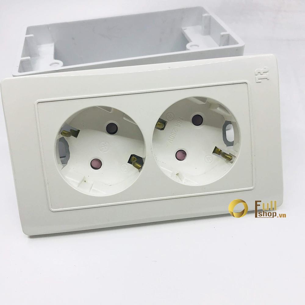 Bộ ổ cắm đôi Schuko đôi 16A có chân tiếp địa gắn âm (gồm mặt và đế âm schuko) Hàn Quốc FS-SKC-D