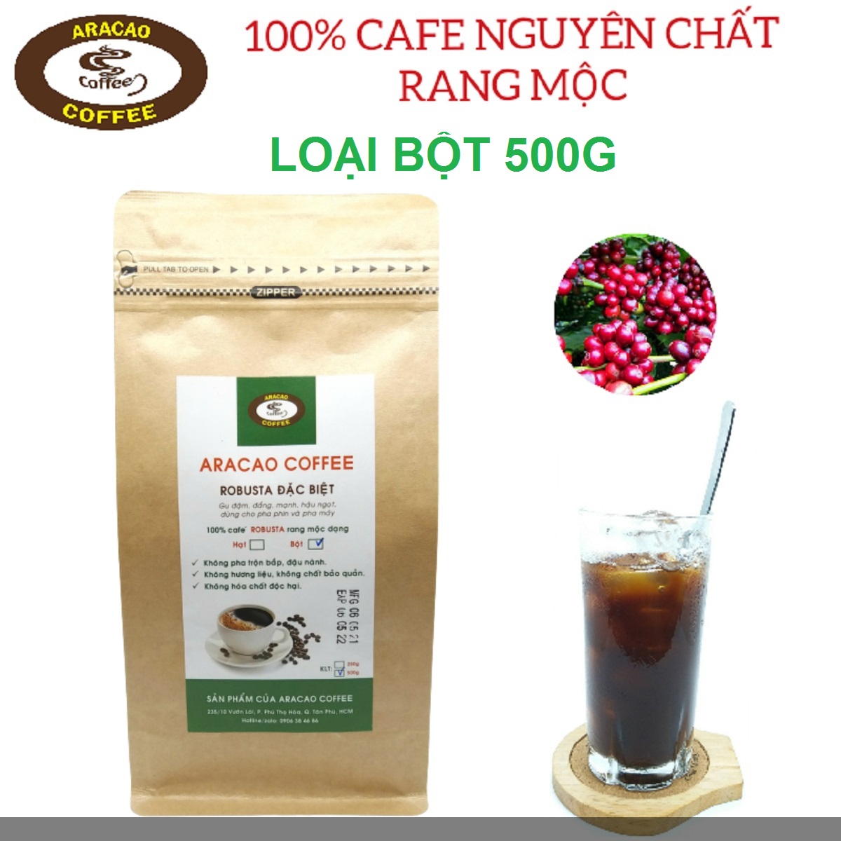 [HCM]Cà phê rang xay ROBUSTA  ĐẶC BIỆT- ARACAO COFFEE- thơm nhẹ đậm đắng mạnh hậu ngọt [ Gói BỘT 500g]