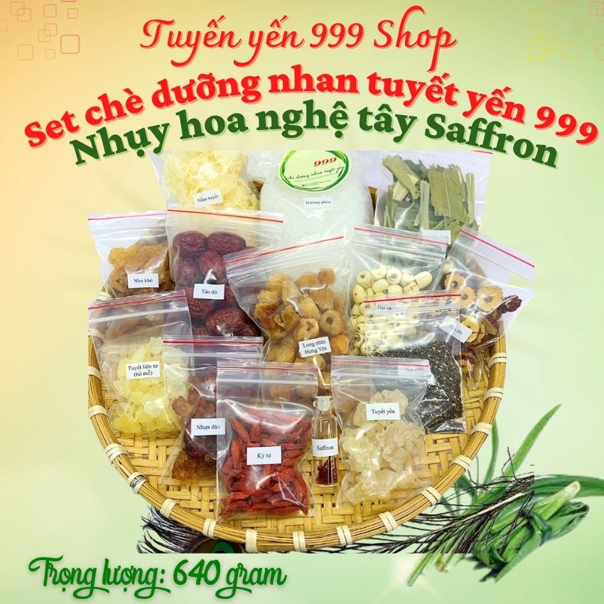 [Freeship]Set chè dưỡng nhan tuyết yến nhụy hoa nghệ tây saffron 999- 14 vị-Siêu mát lạnh và đầy dinh dưỡng với "vàng đỏ" Trung Đông dùng cho 12 người- Gói 640 gram-Mua 4 set tặng 100gr khô gà cay 28k- Tuyết yến 999 Shop