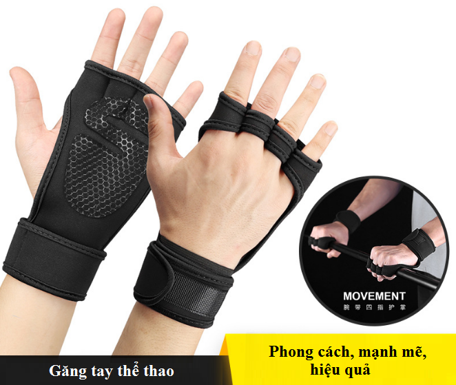 Găng tay luyện tập thể thao, tập Gym, nâng tạ, xà... kiểu mới có dây đeo cổ tay Nam/Nữ