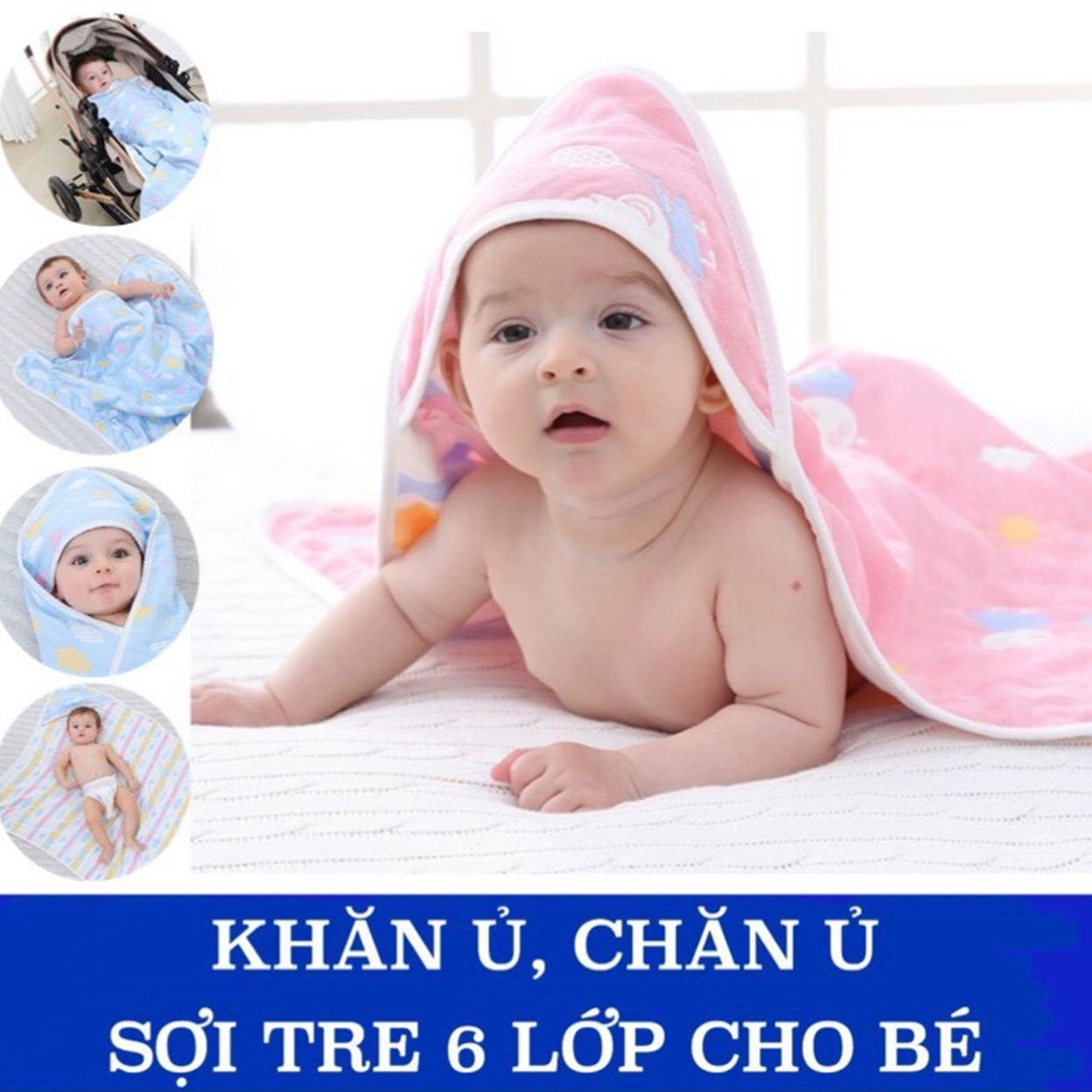 Chăn ủ xô sơ sinh có mũ; khăn ủ, khăn tắm có mũ chất liệu cotton sợi tre 6 lớp in hình 2 mặt cho bé