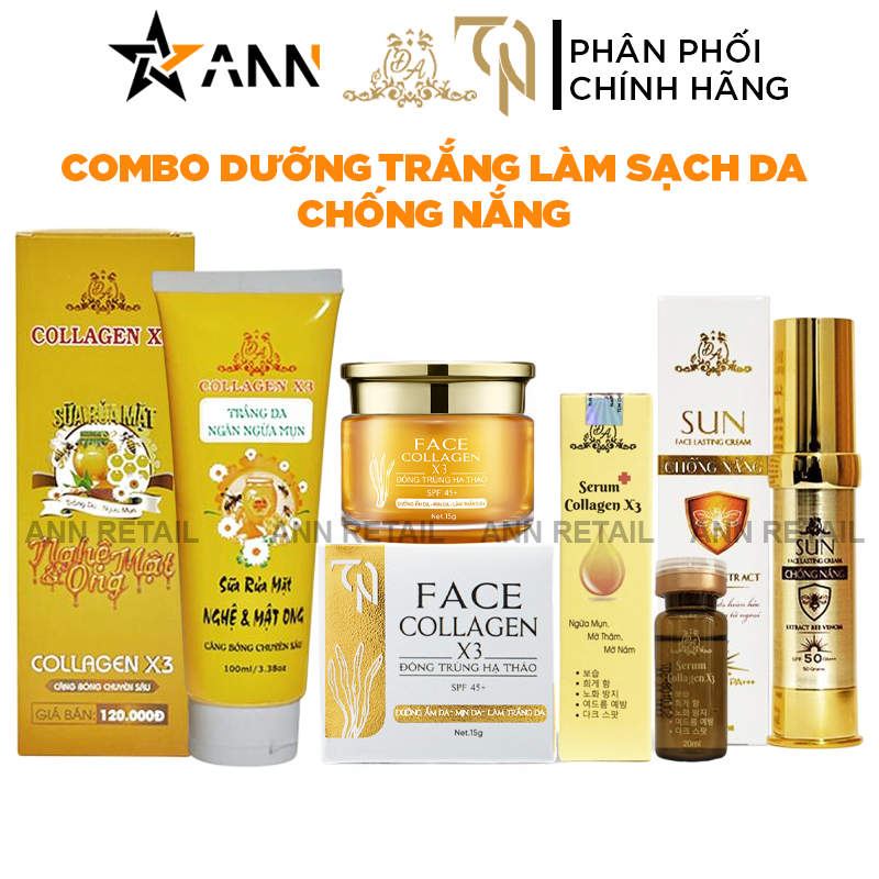   Chính hãng  Combo Kem Face Collagen X3 Luxury + Sữa rửa mặt Collagen X3 + Serum căng bóng + Kem chống nắng nọc ong Mỹ phẩm Đông Anh 