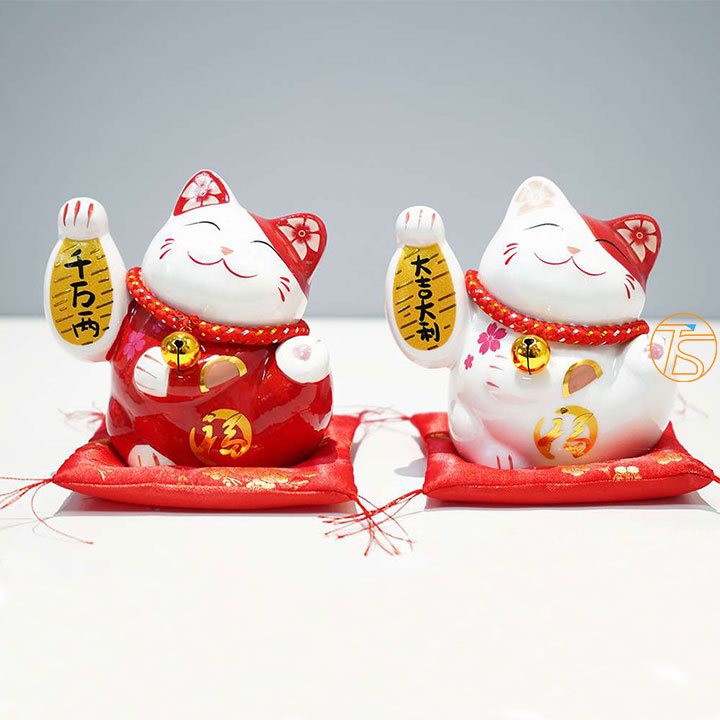 Mèo thần tài may mắn vẫy tay bằng sứ có nệm lót cao 10.5 cm - Mèo thần tài trang trí tài lộc - Mèo thần tài mini để bàn