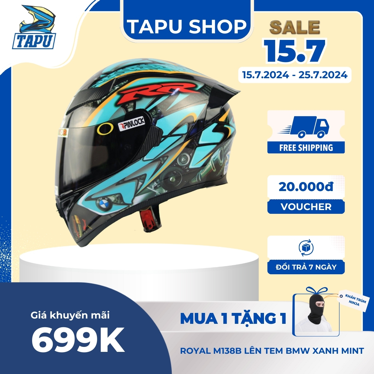 Nón Fullface ROYAL M138B 1 Kính Lên Tem BMW Xanh Mint - Tapu Shop