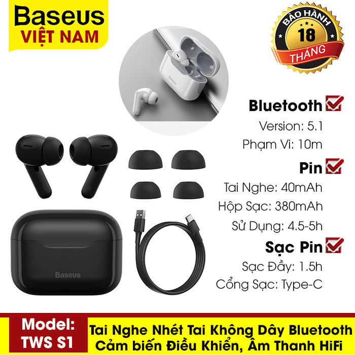 [BẢO HÀNH 18 THÁNG] Tai nghe nhét tai Baseus Simu S1 TWS ANC không dây bluetooth 5.1, tai nghe cảm ứng điều khiển, loại bỏ tiếng ồn, âm thanh HiFi