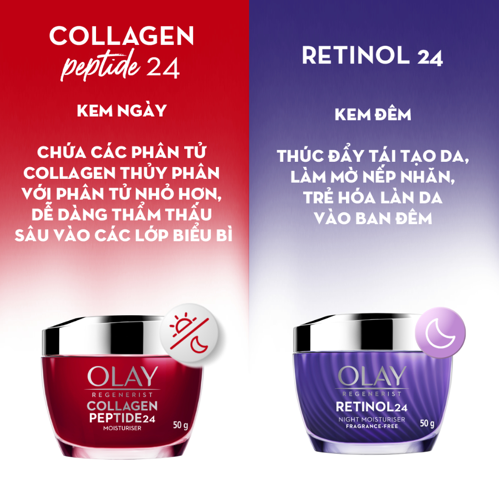 Combo 2: Kem Dưỡng Ẩm OLAY COLLAGEN Peptide24 50G & OLAY RETINOL24 50G Căng Mướt & Mờ Nếp Nhăn