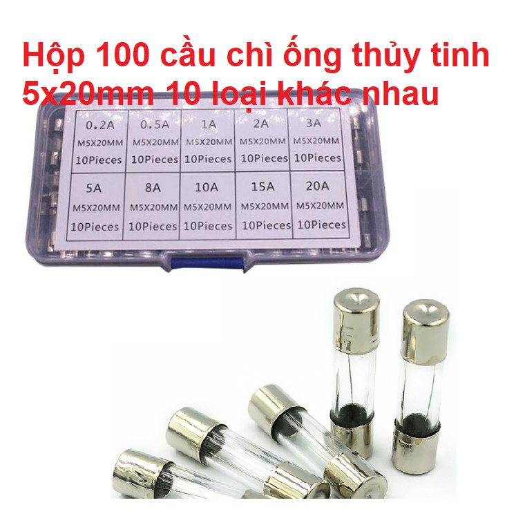 Hộp 100 cầu chì 10 loại 5x20mm 250v ống thủy tinh bọc kim loại dẫn điện 5.1mm.