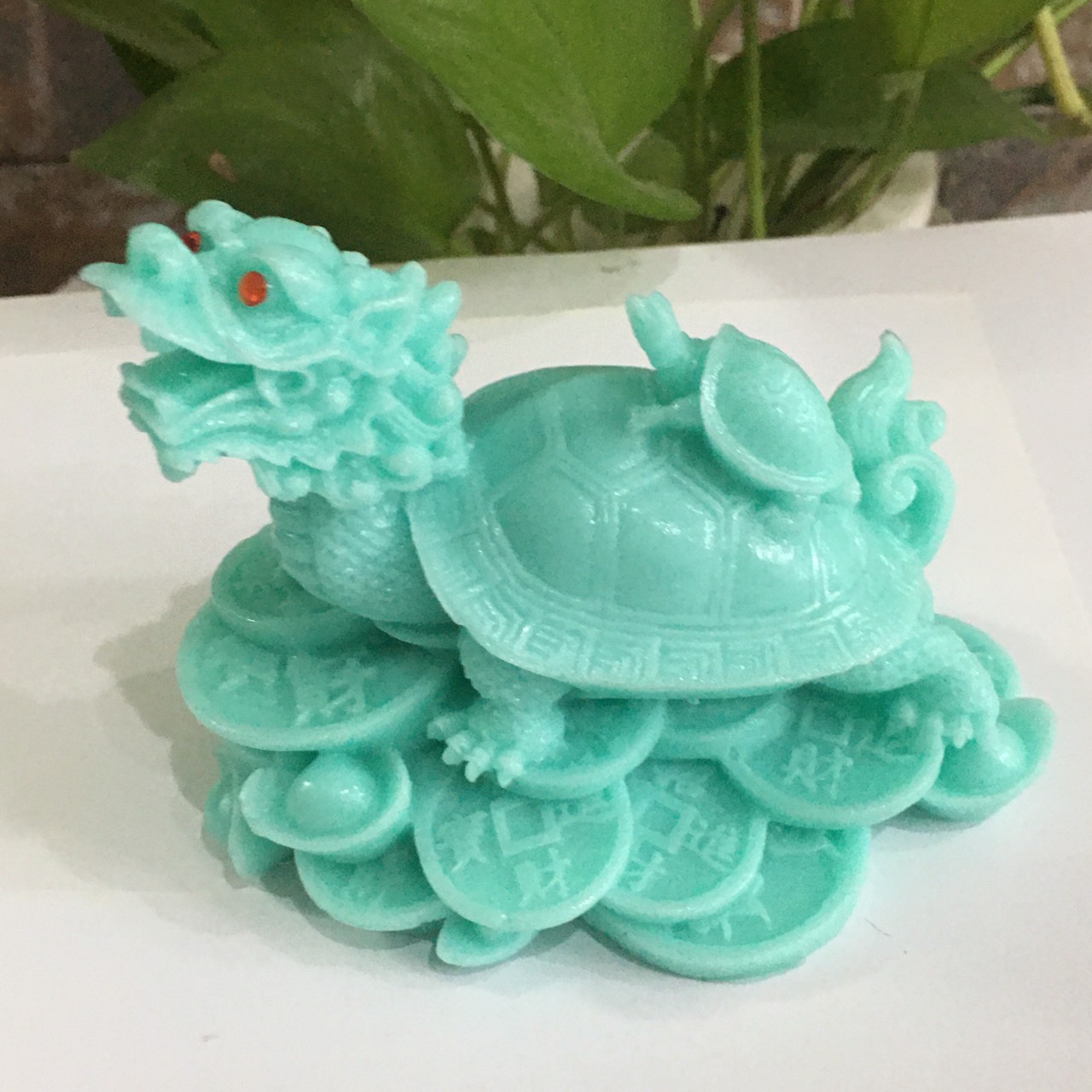 Tượng long quy cõng con màu xanh dài 12 cm