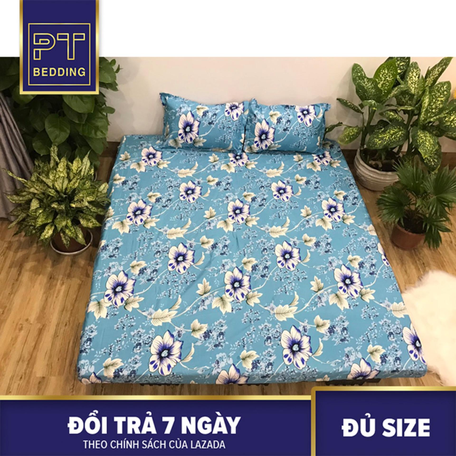 Bộ Ga Gối ( 1 Drap + 2 Vỏ gối nằm ) Poly Xanh Da Trời Phối Họa Tiết Hoa SGG6