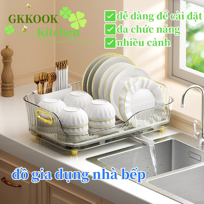 GK-KOOK Giá để đĩa Giá bát đĩa thoát nước nhà bếp kệ acrylic giá để bát đĩa nhà bếp Kệ cốc Kệ bát đĩa kệ úp chén có ống đũa đa năng kèm khay hứng thoát nước