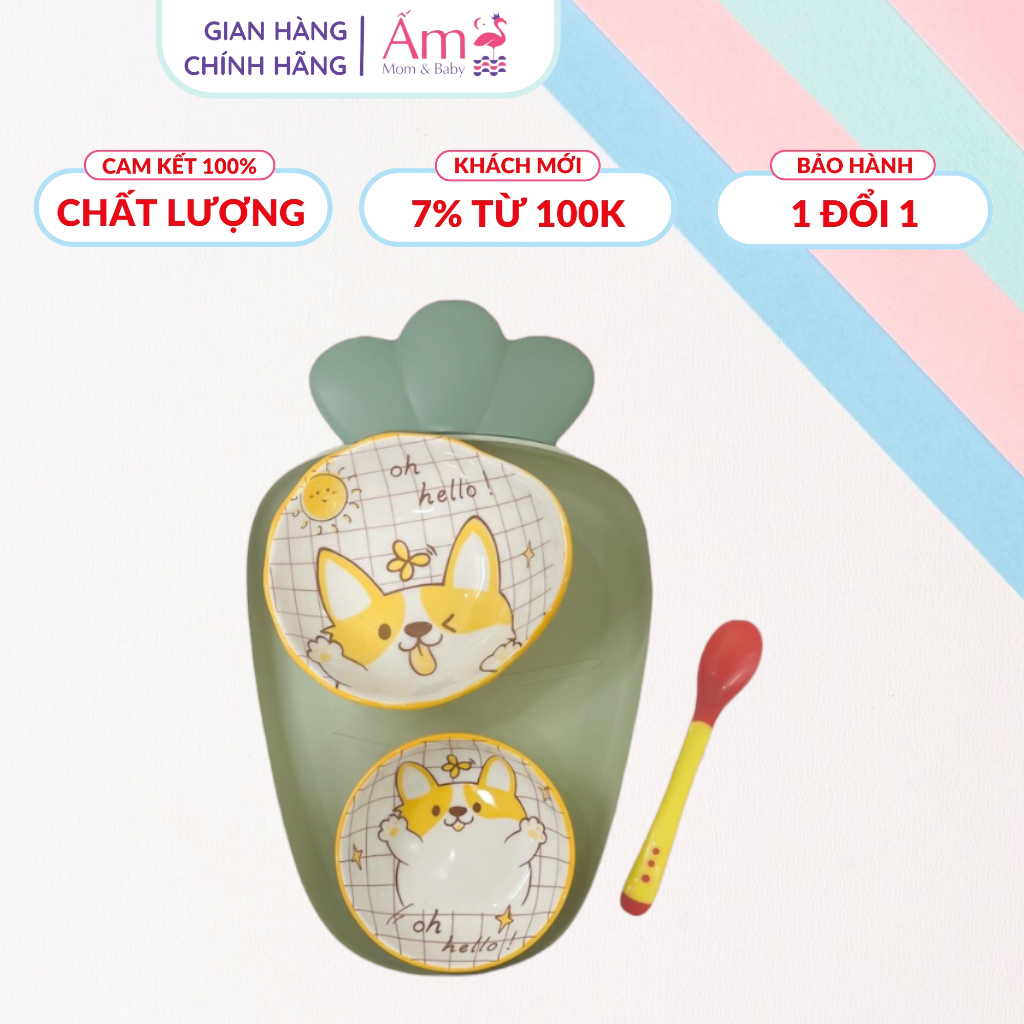 Bộ Bát Ăn Dặm Cho Bé Với Khay Cà Rốt Chỉ Có Tại Ấm - Set Dụng Cụ Ăn Dặm Kiểu Nhật - Bộ Dụng Cụ Ăn Dặm Blw Cao Cấp Ấm Gift Decor