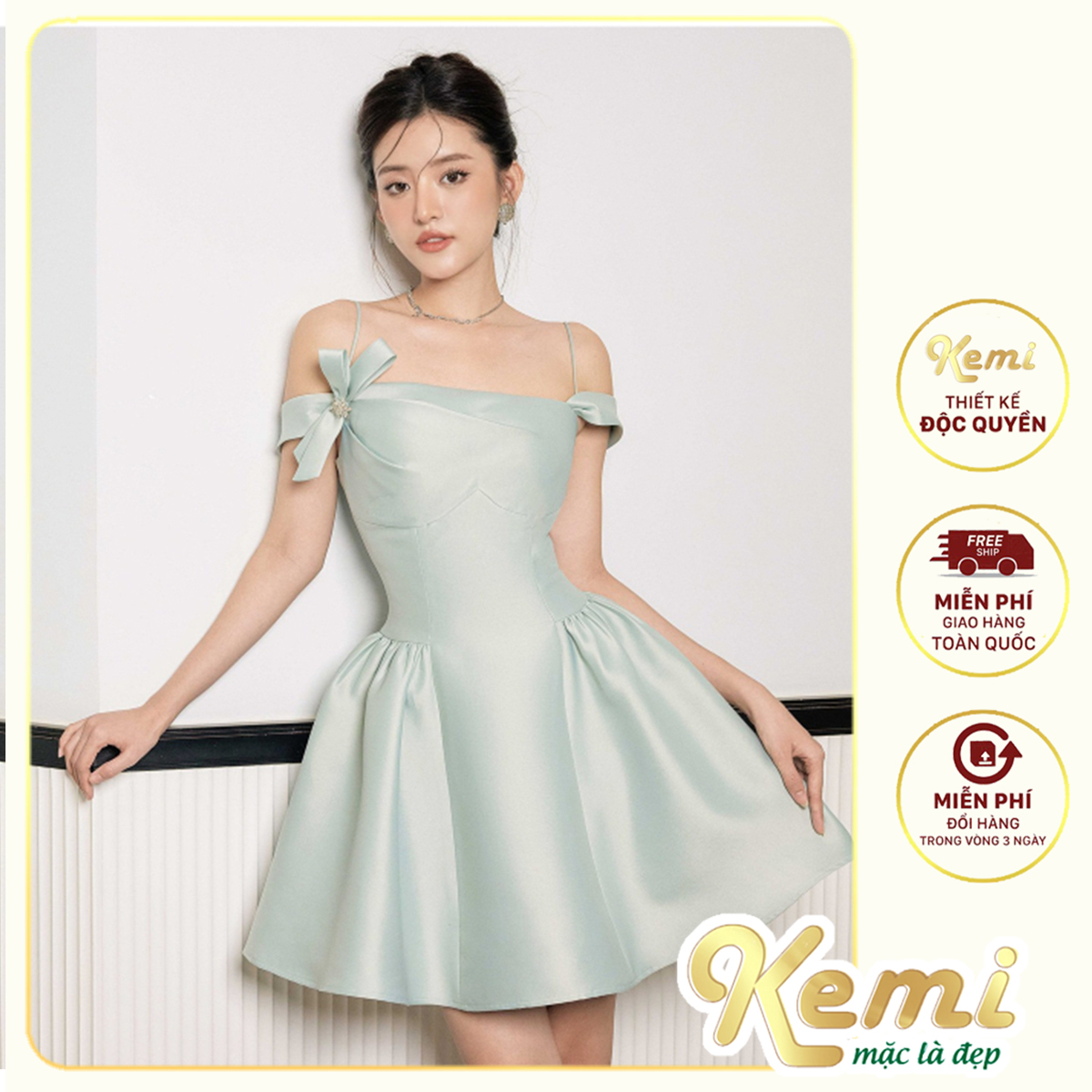 Váy tiểu thư, đầm thiết kế đi tiệc nơ vai dáng xòe nhẹ nhàng chuẩn form dáng A Kemi