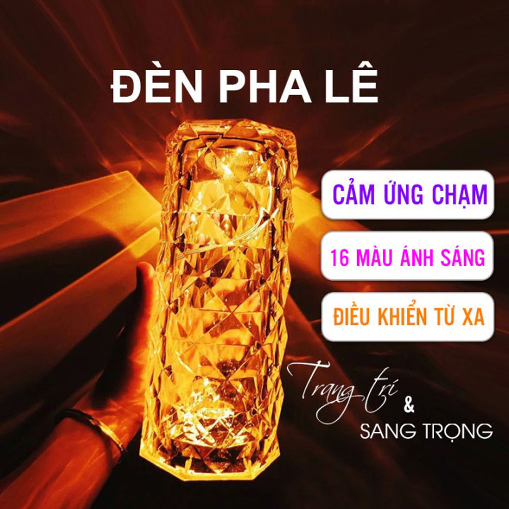 Đèn ngủ pha lê cảm ứng kim cương kèm remote điều khiển từ xa đèn trang trí pha lê decor phòng ngủ, phòng khách, đèn để bàn ánh sáng kim cương