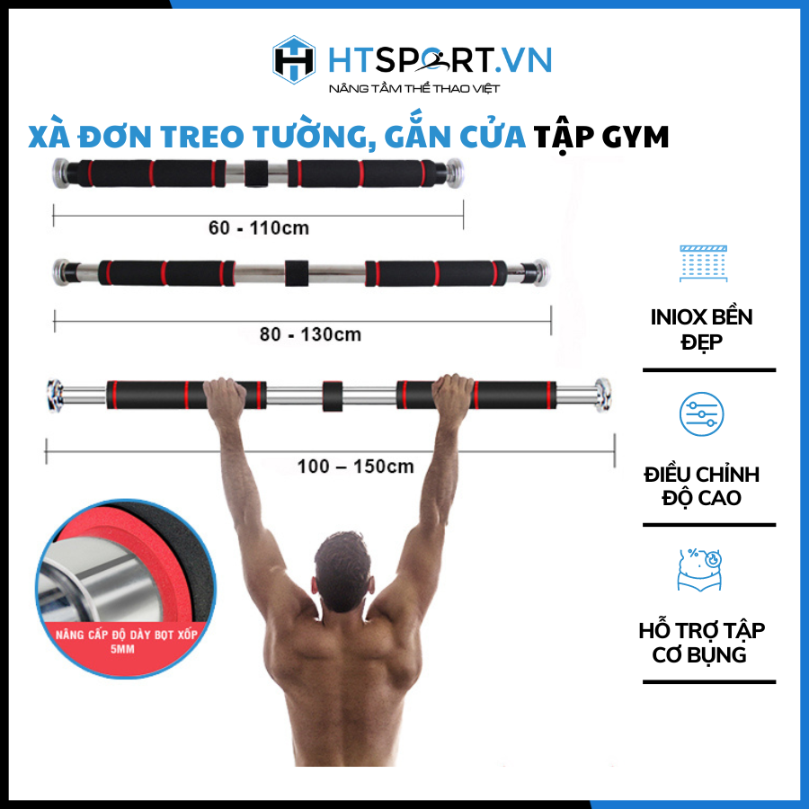Xà Đơn Treo Tường, Thanh Xà Đơn Treo Tường Gắn Cửa Tập Gym Đa Năng Tùy Chỉnh Độ Dài 60 - 150cm Tập Tay Thể Thao Thể Hình Tại Nhà Tiện Lợi