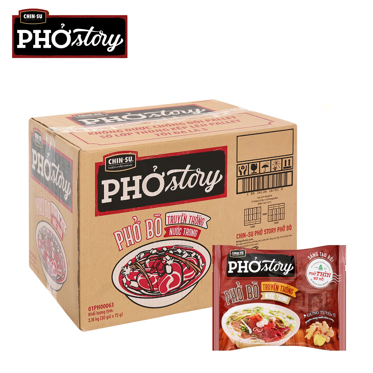 Thùng 30 gói phở bò truyền thống nước trong phở thìn bờ hồ phở story chinsu 72 gram