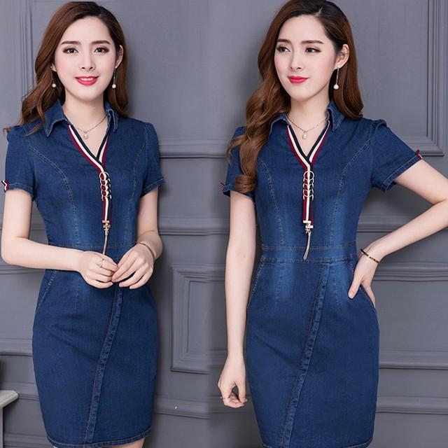 Đầm jean cổ sơ mi phối dây sành điệu