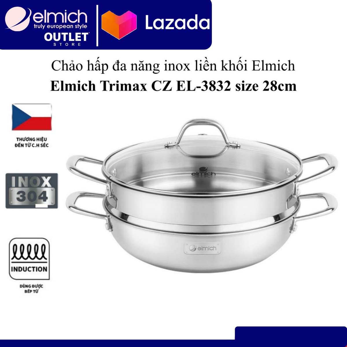 Chảo hấp đa năng Inox liền khối Elmich Trimax Czech EL-3832 size 28cm