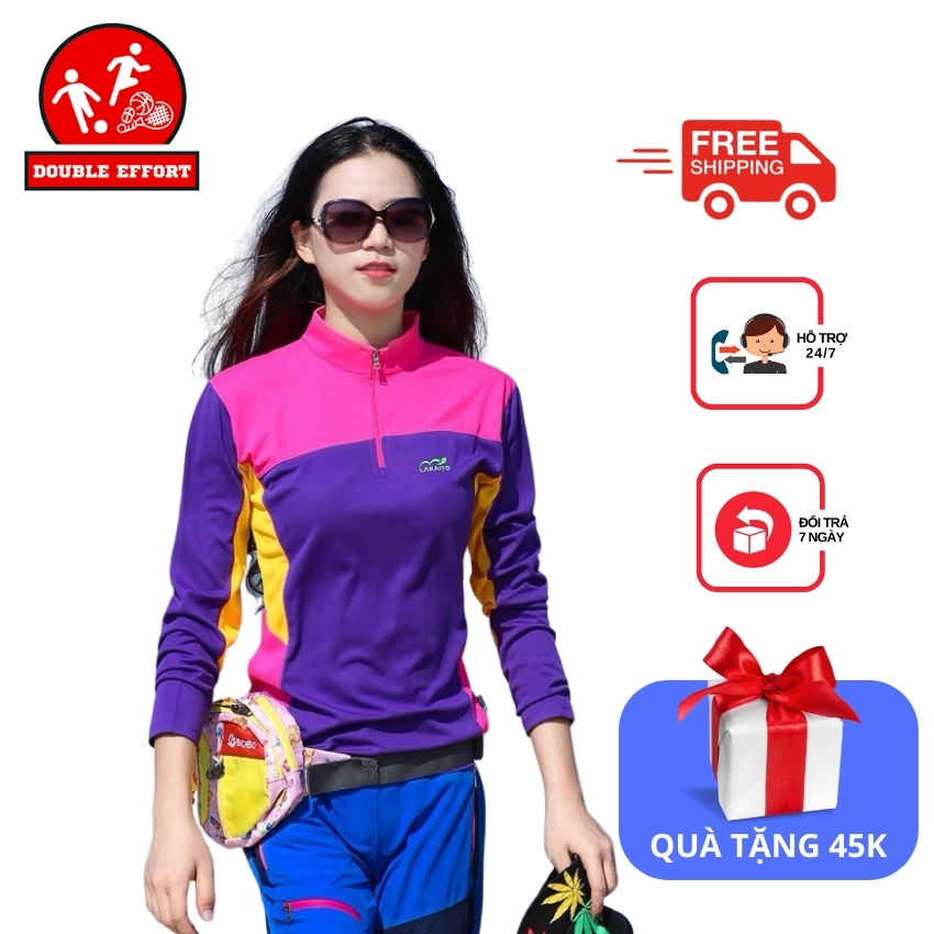 Áo thể thao nữ tay dài DOUBLE EFFORT ACT03, áo nữ chạy trail, đi Trekking, đi phượt, áo thể thao ngoài trời cao cấp nhẹ, thoáng