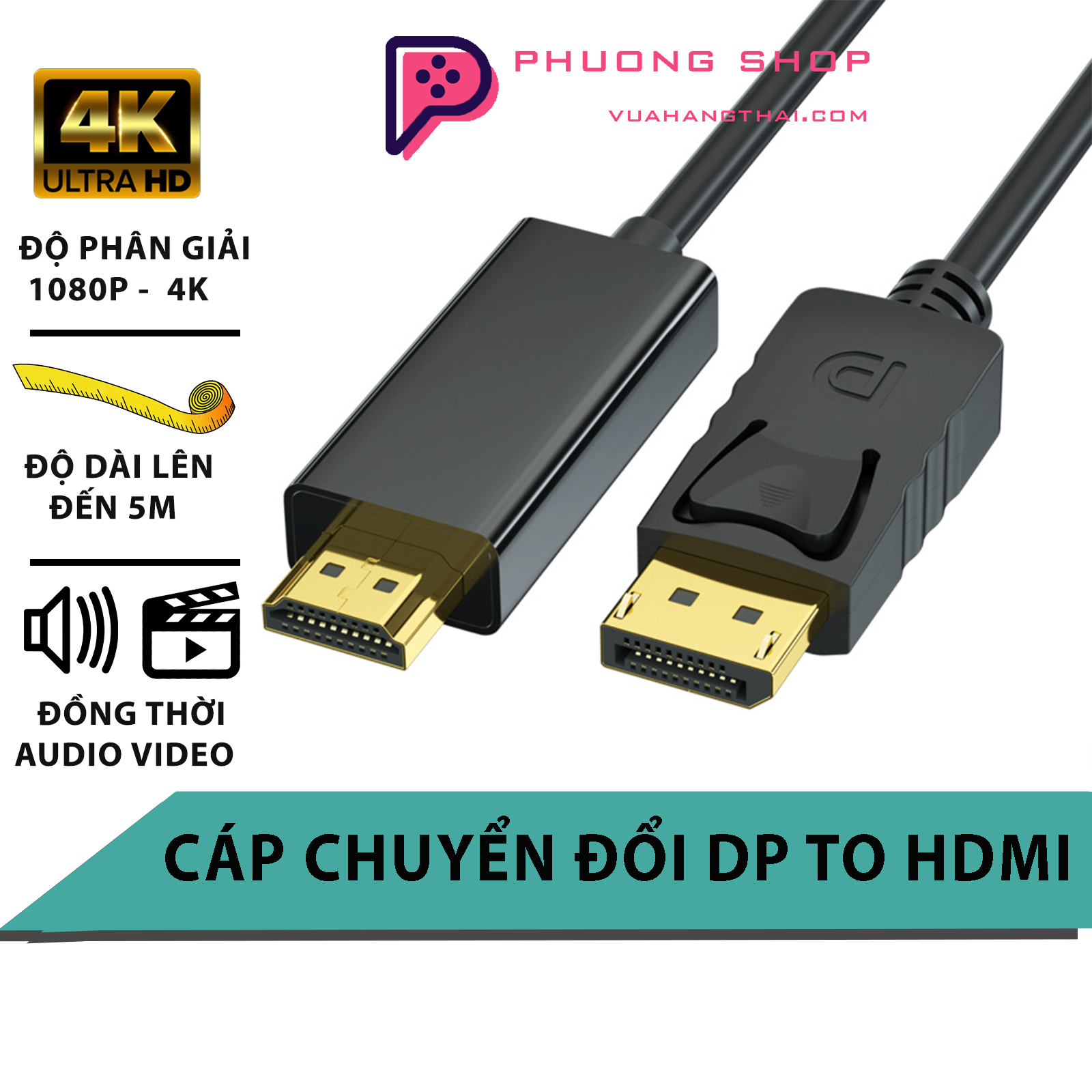 Dây cáp chuyển DP to HDMI độ phân giải lên đến 1080P, 4K - Displayport to HDMI 1m8, 3m, 5m
