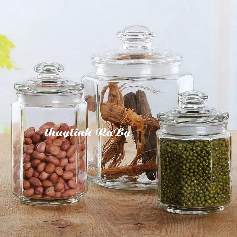 Hũ thủy tinh lục giác đựng gia vị 900 ml, lọ gia vị thủy tinh, hũ đựng thực phẩm khô, hủ lọ gia vị tiện dụng